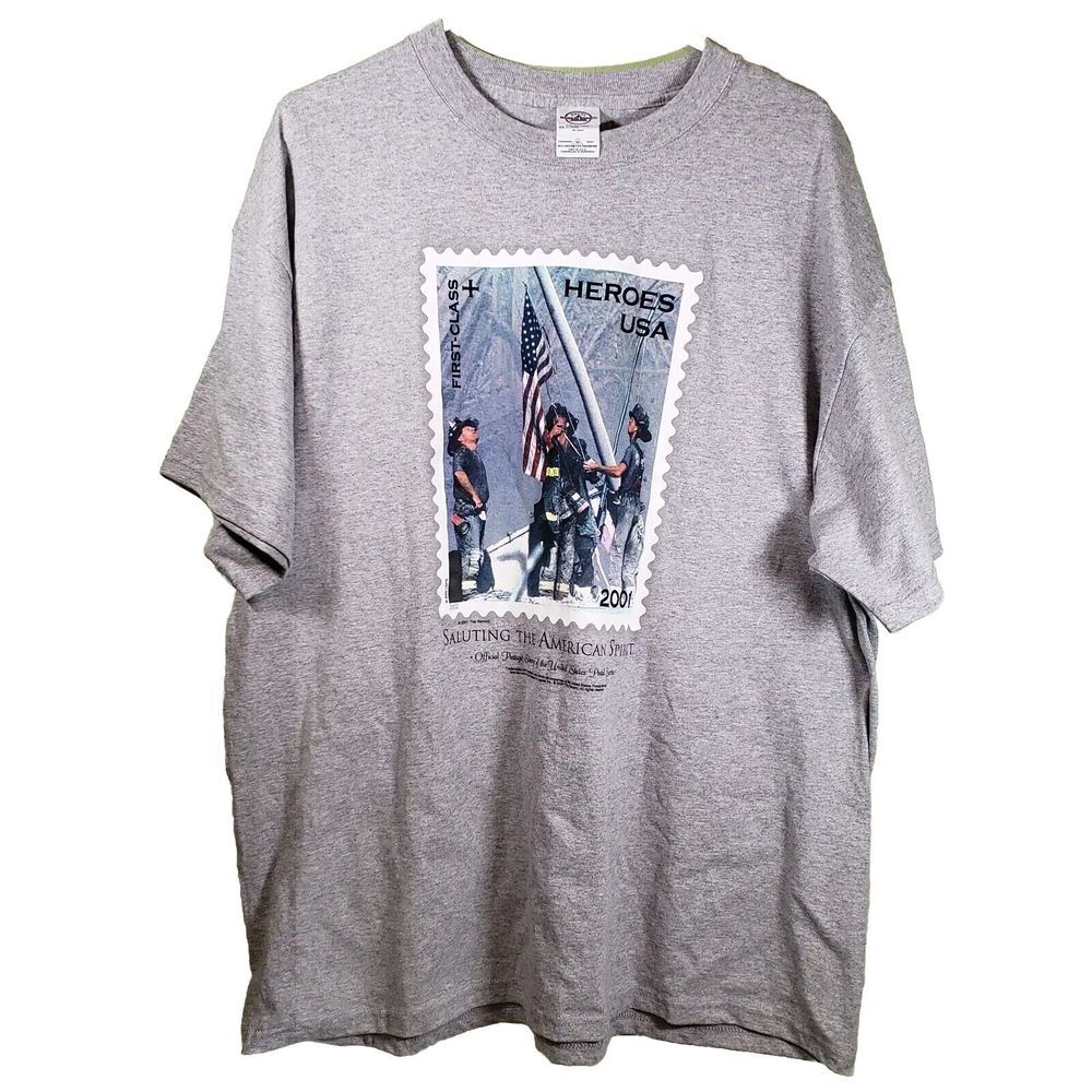 Vintage Heroes USA 2001 Stamp Tee Gray T-Shirt Shirt Sleeve Size XL Delta Tag‎